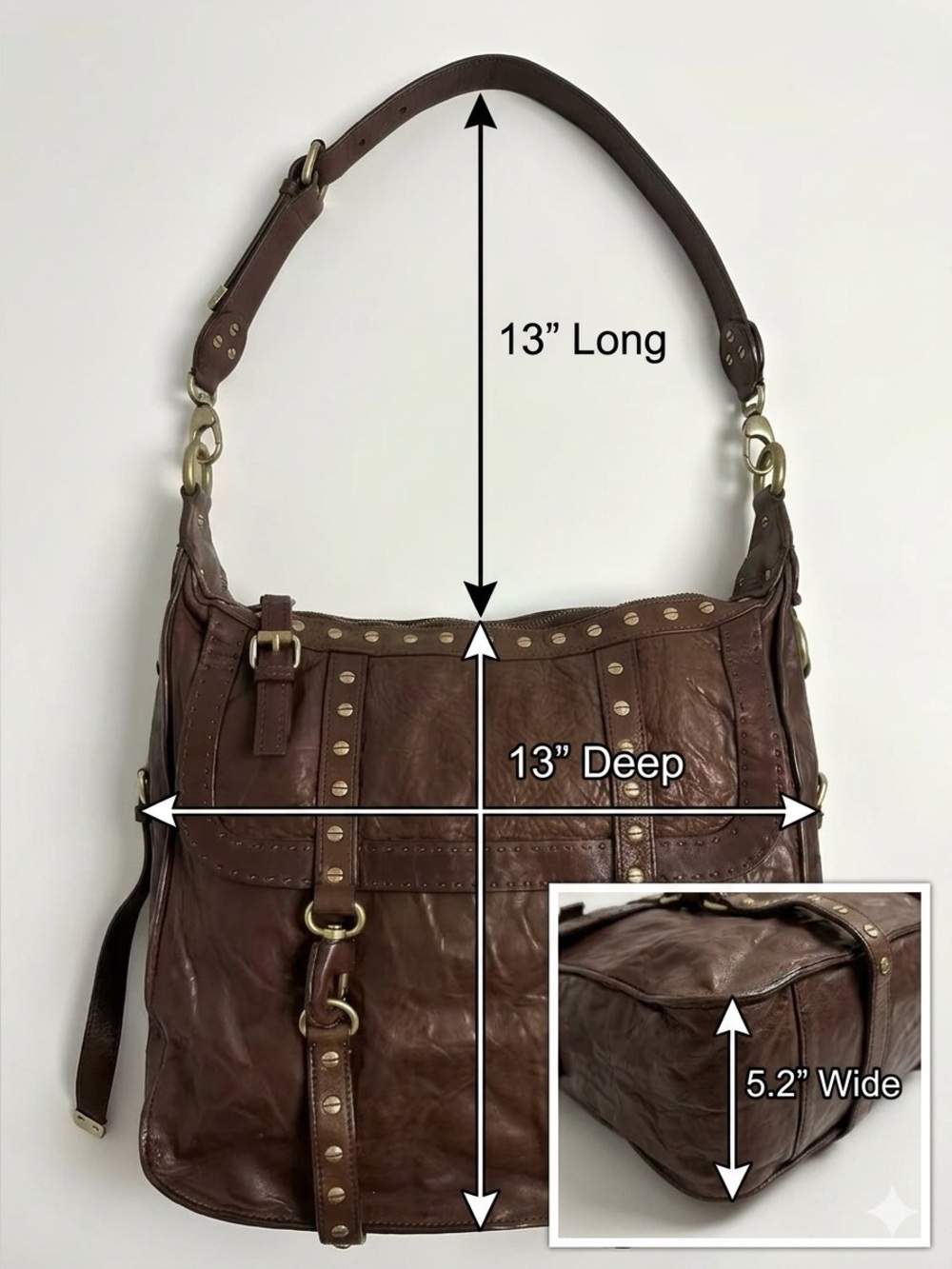 Cynthia Rowley Brown Leather Studded Shoulder Bag W/ Adjustable Strap - Picture 10 of 10
